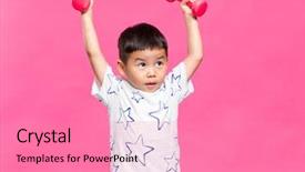  Presentation with kid movies - Audience pleasing slide set consisting of kids gym - little kid lifting up dumbbell backdrop and a coral colored foreground