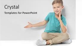  Presentation with advertising - Colorful PPT theme enhanced with kids hand - cute boy with blank advertising backdrop and a light gray colored foreground