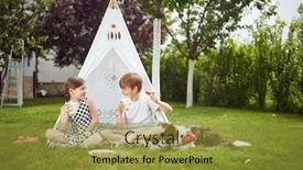  Presentation with summer camp diverse kids - Audience pleasing presentation theme consisting of kids-have-a-meal backdrop and a gold colored foreground