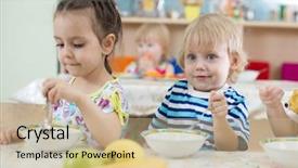  Presentation with kindergarten - Slides enhanced with kids have lunch in kindergarten background and a  colored foreground