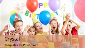  Presentation with kids birthday - Audience pleasing PPT layouts consisting of kids having fun at birthday backdrop and a coral colored foreground