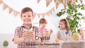  Presentation with cute lemonade - Presentation theme enhanced with kids having fun shopping - cute little boy holding glass background and a  colored foreground