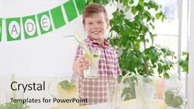  Presentation with cute lemonade - Colorful presentation design enhanced with kids having fun shopping - cute little boy selling lemonade backdrop and a soft green colored foreground