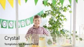  Presentation with cute lemonade - Presentation design featuring kids having fun shopping - cute little boy selling lemonade background and a soft green colored foreground