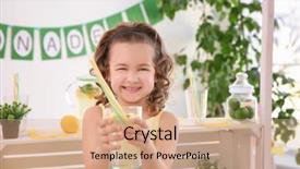  Presentation with cute lemonade - Presentation design featuring kids having fun shopping - cute little girl holding glass background and a  colored foreground
