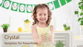  Presentation with cute lemonade - Colorful presentation design enhanced with kids having fun shopping - cute little girl holding glass backdrop and a  colored foreground
