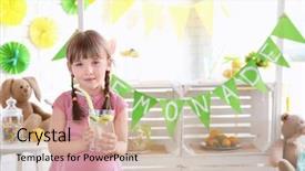  Presentation with cute lemonade - Presentation theme consisting of kids having fun shopping - cute little girl holding glass background and a  colored foreground