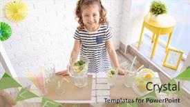  Presentation with cute lemonade - Audience pleasing slide set consisting of kids having fun shopping - cute little girl selling lemonade backdrop and a  colored foreground