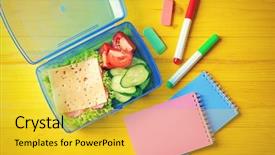  Presentation with lunch box - Cool new slides with kids healthy habits - lunch box with food backdrop and a yellow colored foreground