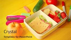  Presentation with lunch box - Cool new PPT theme with kids healthy habits - lunch box with food backdrop and a  colored foreground
