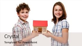  Presentation with white house - PPT theme featuring kids-holding-model-of-house background and a soft green colored foreground