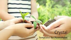  Presentation with cartoon kids holding hands - Slide deck featuring kids holding soil and plant background and a coral colored foreground