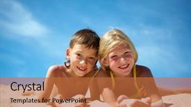  Presentation with small and big sand gravel - Colorful theme enhanced with kids holiday - photo of happy siblings lying backdrop and a red colored foreground