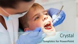  Presentation with dentist - Audience pleasing presentation consisting of child dental chair - dentist examining boys teeth close backdrop and a sky blue colored foreground