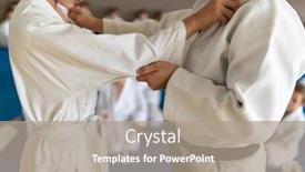  Presentation with karate - Colorful PPT theme enhanced with kids-in-a-sports-hall backdrop and a coral colored foreground