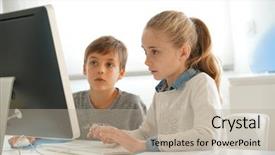  Presentation with desktop - Colorful slides enhanced with kids in computer lab working backdrop and a mint green colored foreground