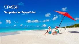  Presentation with tropical christmas - Slide deck with kids in red santa hats having fun at tropical beach during christmas vacation background and a dark gray colored foreground