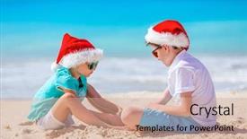 Presentation with tropical christmas - Slide deck consisting of kids in red santa hats having fun at tropical beach during christmas vacation background and a coral colored foreground