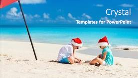  Presentation with tropical christmas - Slides having kids in red santa hats having fun at tropical beach during christmas vacation playing together with sand background and a teal colored foreground