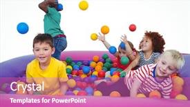  Presentation with whiteboard kids cute cartoon - Colorful slide set enhanced with kids in sponge ball pool backdrop and a coral colored foreground