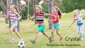  Presentation with kids soccer - PPT theme enhanced with kids in summer wear playing background and a mint green colored foreground