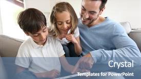  Presentation with using digital tablet - PPT layouts consisting of kids internet - children with daddy at home background and a teal colored foreground