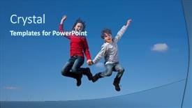  Presentation with blue sky - PPT layouts enhanced with kids jumping running against blue sky background and a ocean colored foreground