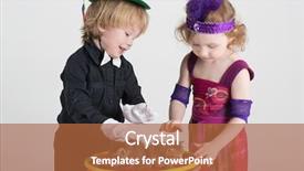  Presentation with magic show - Presentation design featuring kids magic show - two children in costumes magicians background and a red colored foreground