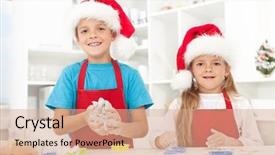  Presentation with christmas kids - Beautiful slide deck featuring kids-making-christmas-cookies-wearing backdrop and a coral colored foreground