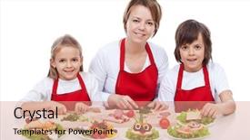  Presentation with kids food - Audience pleasing PPT theme consisting of kids making creative food backdrop and a coral colored foreground