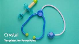  Presentation with syringe - Slides featuring kids medical - toy doctor tools a stethoscope background and a teal colored foreground