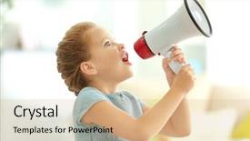  Presentation with cute - PPT theme with media news children - cute little girl with megaphone background and a coral colored foreground