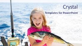  Presentation with fishing boat - Presentation theme featuring eye catching - blond kid girl fishing dorado background and a sky blue colored foreground
