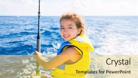  Presentation with long tailed boat fishing boat - Slide deck having reel and yellow life jacket background and a sky blue colored foreground