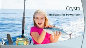  Presentation with kid bone - Slides featuring blond kid girl fishing tuna background and a sky blue colored foreground