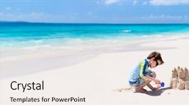  Presentation with sister - Slide set with sand castle at tropical beach background and a sky blue colored foreground