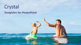  Presentation with happy kids - Colorful theme enhanced with kids bathing - happy father and young son backdrop and a sky blue colored foreground