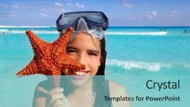  Presentation with starfish - Presentation theme having teenagers caribbean - latin tourist girl holding starfish background and a light blue colored foreground