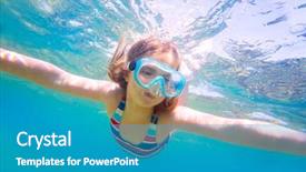  Presentation with mediterranean - Theme with snorkeling blond kid girl underwater with goggles and swimsuit in mediterranean sea background and a teal colored foreground