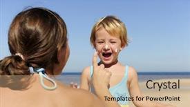  Presentation with mother child - PPT theme consisting of suncare on the beach mother applying sunscream to her happy child background and a coral colored foreground