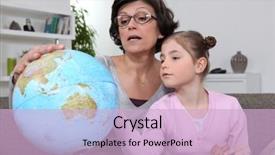  Presentation with 3d globe - Colorful presentation theme enhanced with year round family - woman looking at a globe backdrop and a lemonade colored foreground