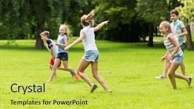  Presentation with kids playing - Slide set consisting of kids or friends playing catch background and a yellow colored foreground