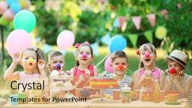  Presentation with kids birthday - Presentation theme featuring kids outdoor - children celebrating birthday in park background and a coral colored foreground