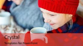  Presentation with log cabin winter - PPT layouts with kids outdoors on beautiful winter day drinking hot chocolate in front of log cabin vacation house background and a red colored foreground