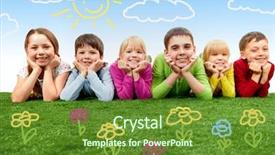  Presentation with children - Slide deck consisting of fun educational - group of happy children lying background and a tawny brown colored foreground