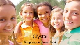  Presentation with happy kids - Audience pleasing PPT theme consisting of group kids - portrait of happy preschoolers looking backdrop and a gold colored foreground