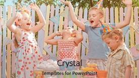 Presentation with birthday kids - PPT theme featuring kids party - little girl rejoice in her background and a coral colored foreground
