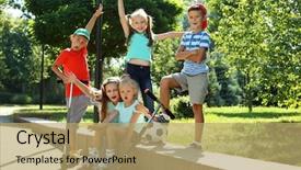  Presentation with park - Cool new slide set with kids playing ball - happy active children in park backdrop and a coral colored foreground