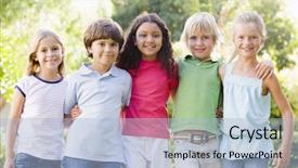  Presentation with outdoors - PPT theme enhanced with kids playing having fun - five young friends standing outdoors background and a light blue colored foreground