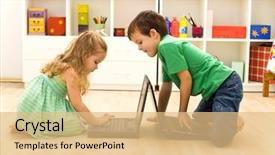  Presentation with press - Beautiful PPT layouts featuring kids playing on laptops - boy teaching little girl what key to press backdrop and a coral colored foreground